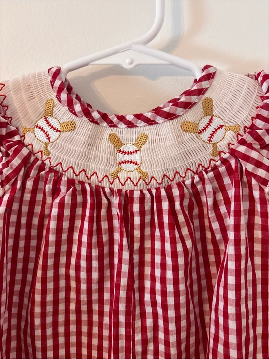 Clover Cottage Other - Clover Cottage Girls Red Gingham Smocked Romper with Baseball Embroidery